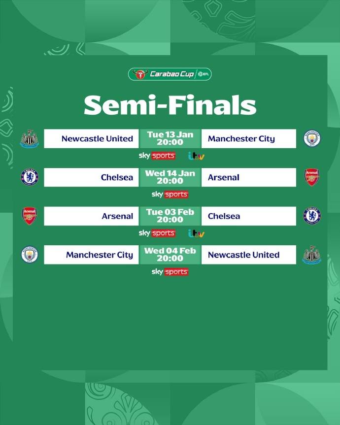 强强对话！联赛杯半决赛：切尔西VS阿森纳 曼城PK纽卡斯尔